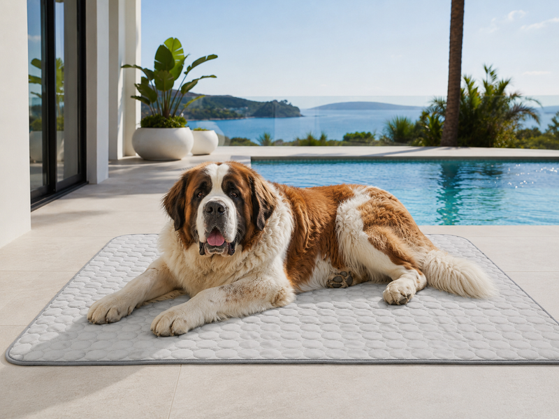 Bernhardiner Hund am Pool auf extra großer Kühlmatte Kühldecke
